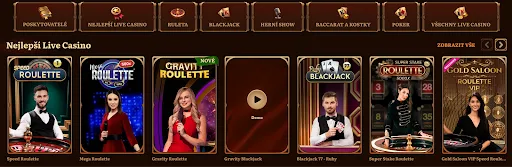Objevte nejlepší Live Casino hry jako Speed a Gravity Roulette – živí krupiéři, autentický zážitek Nejlepší Live Casino hry: Speed Roulette, Mega Roulette, Gravity Roulette, Gravity Blackjack, Blackjack 77 Ruby, Super Stake Roulette, Gold Saloon VIP Speed Roulette