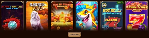 Objevte nové a populární automaty: Shark Time 2, Hot Reels, Cash on Wheels a další – zahrajte si hned! Výběr her: Flame & Fortune Hold & Win, Majestic King, Cash on Wheels Hold & Win, It's Shark Time 2, Hot Reels Supercharged, Flame Fruits Frenzy